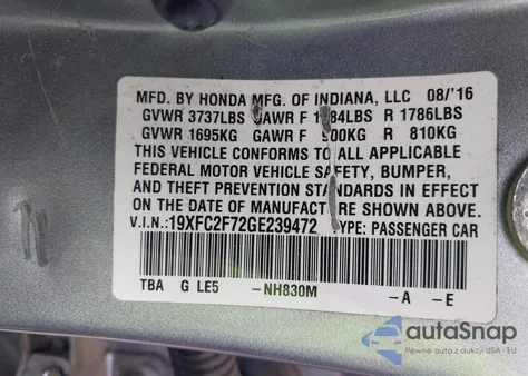 2016 Honda Civic Ex from USA, damaged, VIN 19XFC2F72GE239472